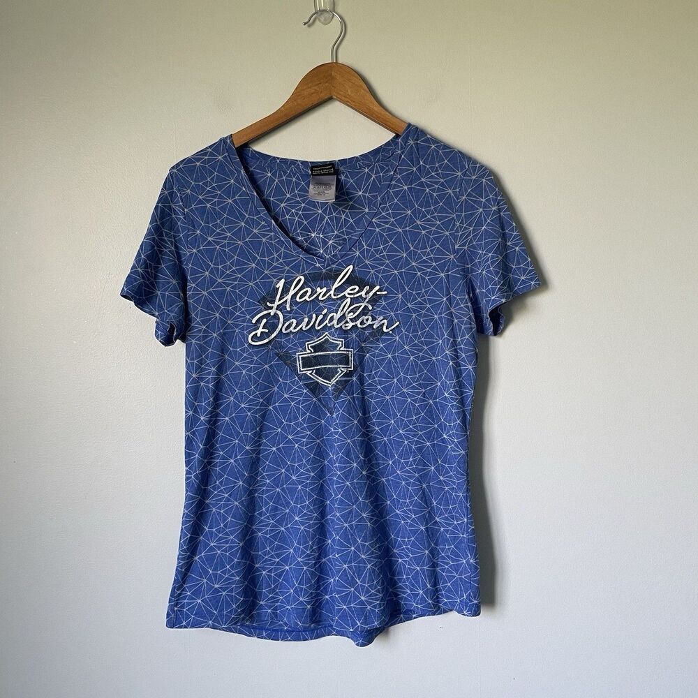 Harley Davidson T-Shirt V-Neck Blue Patterned Barnett El Paso, Texas Women's Med